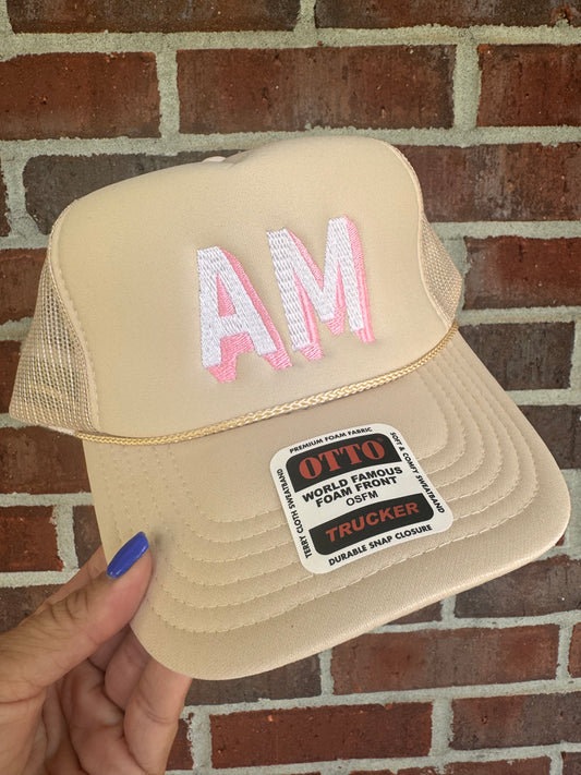 Cream + pink + white initial trucker