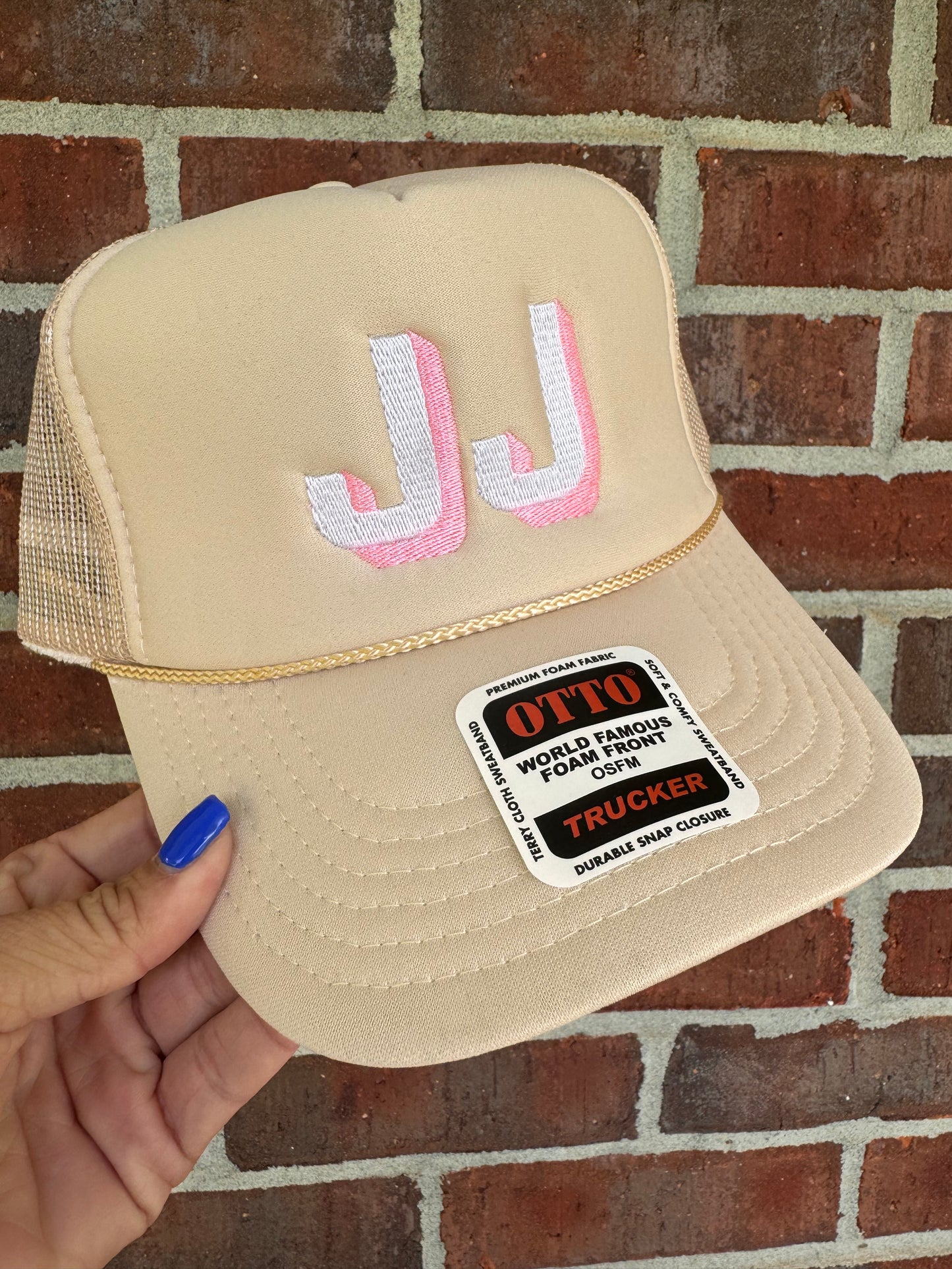 Cream + pink + white initial trucker