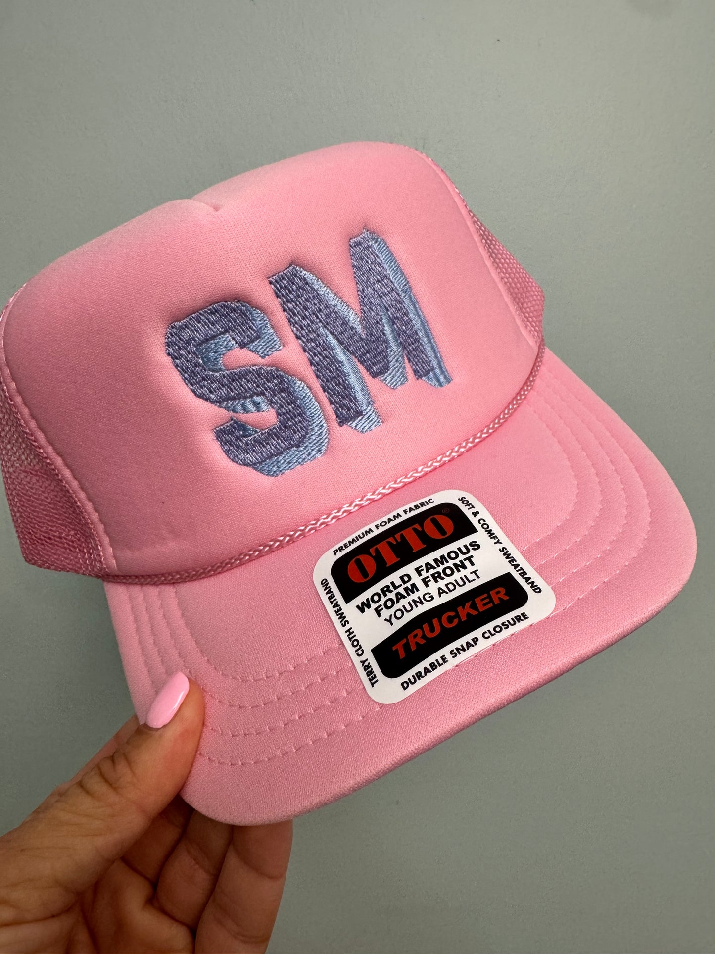 YOUTH light pink initial trucker (please see description box for instructions on how to order)