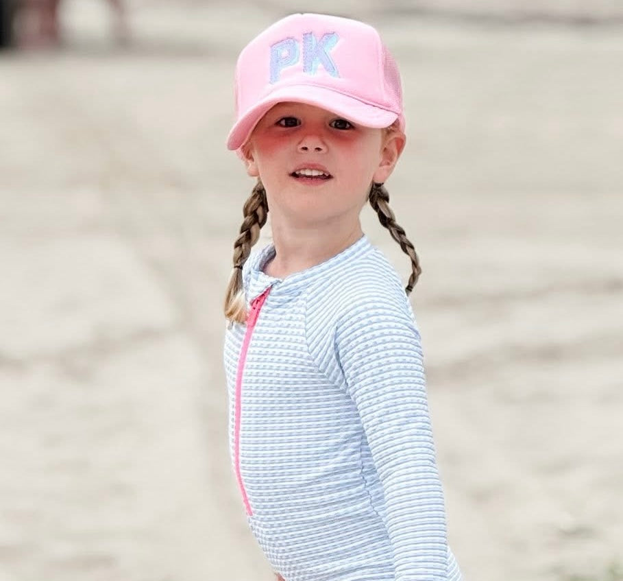 YOUTH light pink initial trucker (please see description box for instructions on how to order)