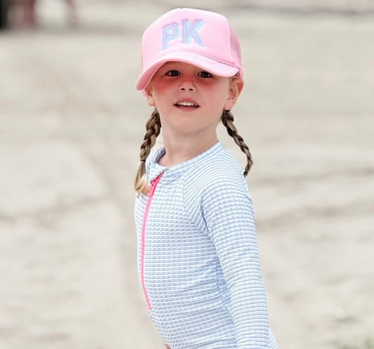 YOUTH light pink initial trucker (please see description box for instructions on how to order)