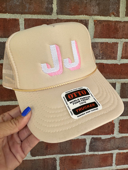 Cream + pink + white initial trucker