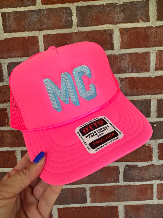 Hot pink + blue initial trucker