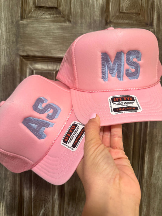 Light Pink Initial Trucker (please see description box for instructions on how to order)